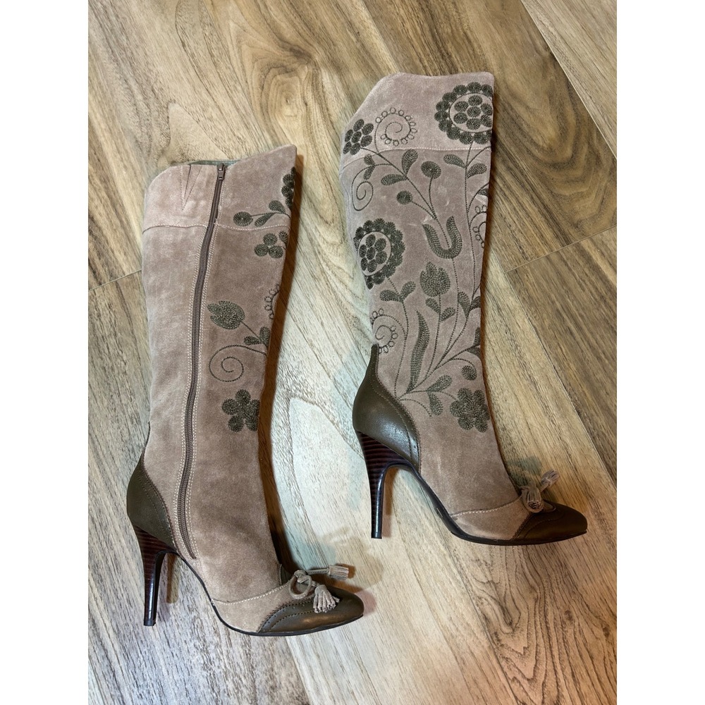Sam Edelman Suede Floral Embroidered Tassel Knee High Stiletto Boots Taupe Olive